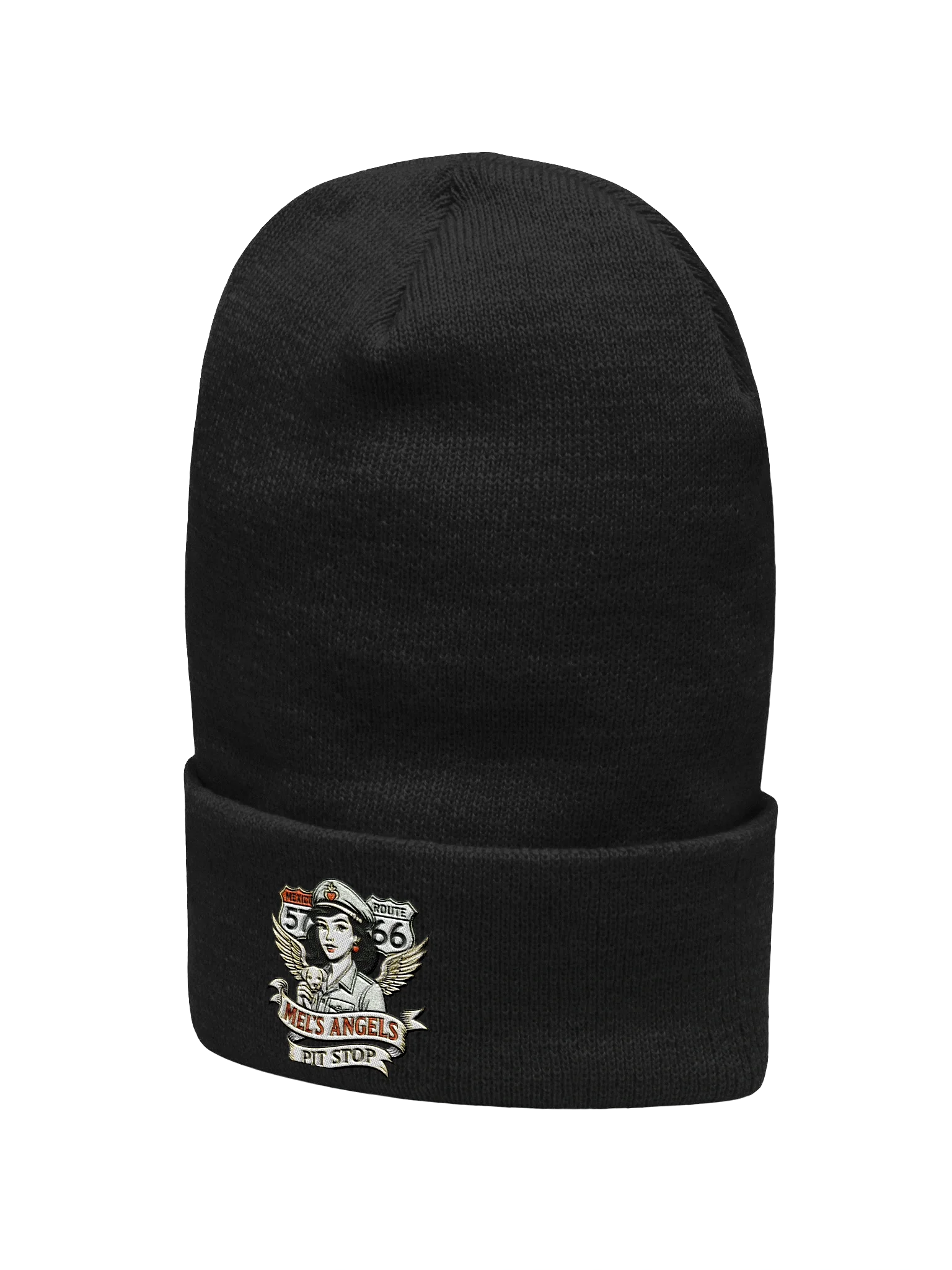 Mel’s Angels Embroidered Beanie – Vintage Biker Pin-Up Style Winter Hat product image (4)