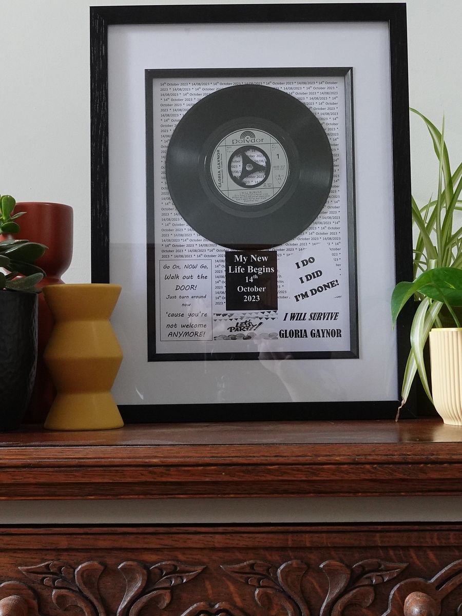 Vinyl Record Art Print. Get your favourite song personalized as an unusual gift for a loved one's divorce celebration. Frame size 428x328mm. product image (1)