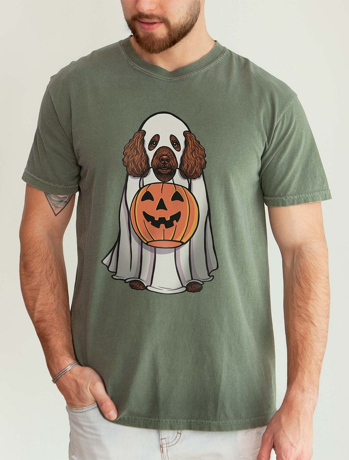 Funny Halloween Mini Poodle(Brown) T-Shirt | Funny Poodle Wearing a Ghost Costume and Holding a Pumpkin Basket product image (9)