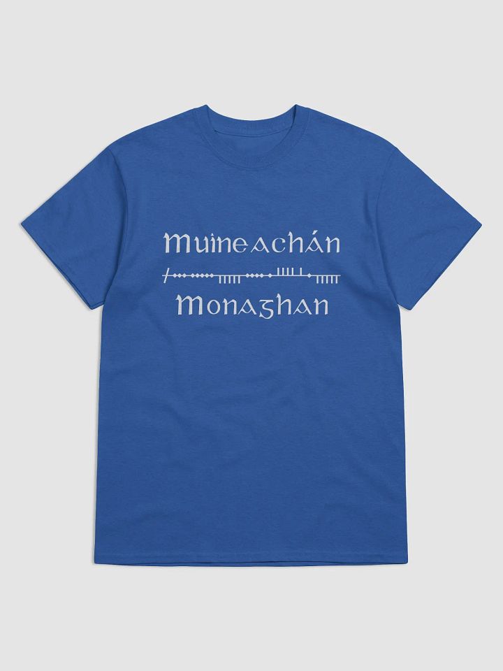 Monaghan/Muineachán Scholastic style Ogham blue printed T-shirt product image (1)