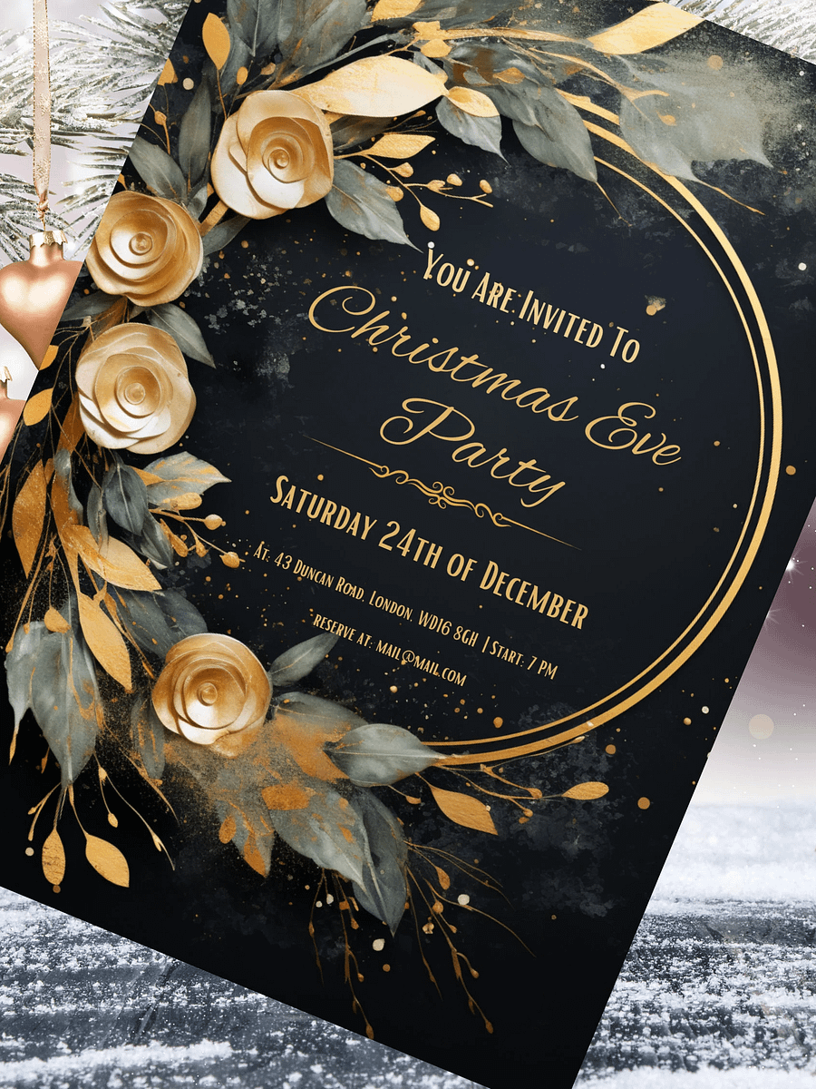 3D Golden Roses Christmas Eve Party Invitation | Editable in Canva | Christmas Party Printable | Holiday Invitation Template | Link to Canva product image (3)