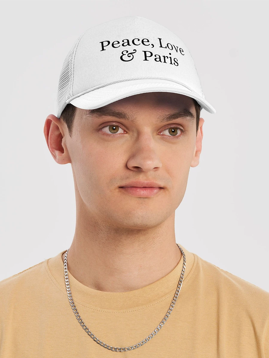 Peace, Love and Paris Trucker Cap | Black Ink on White Cap product image (1)