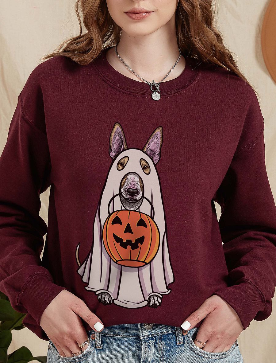 Funny Halloween Bull Terrier(Fawn) Sweatshirt | Funny Dog Wearing a Ghost Costume and Holding a Pumpkin Basket product image (10)
