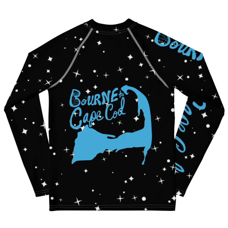 YOUTH | Rash Guard | BRN.2C.C.™ Front Graphic | BOURNE to Cape Cod™ Sleeve & Back Logo | Coastal Swim Shirt for Kids | UV Protection Activewear | Blue Logo on Starry Black product image (2)