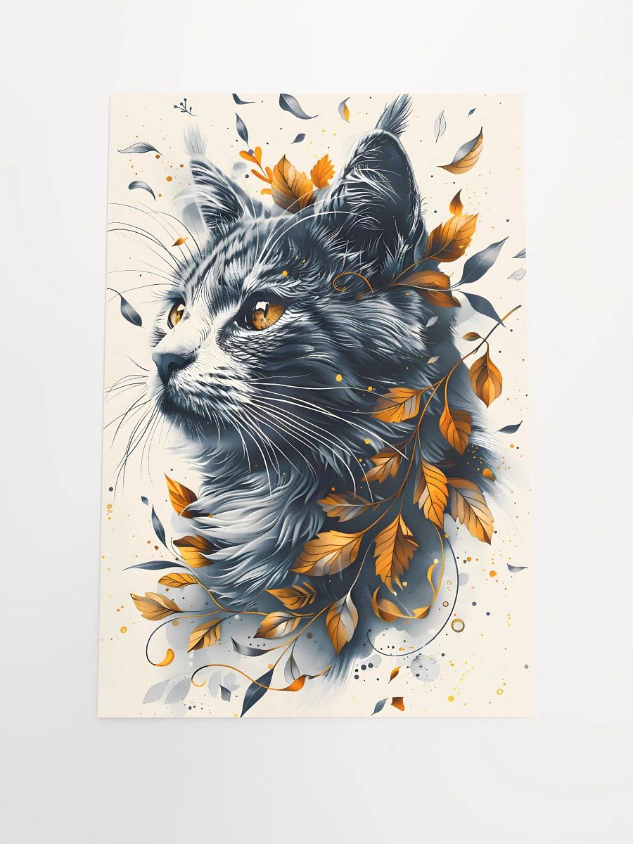 Whimsical Autumn Embrace: Majestic Cat Amidst Golden Leaves Illustration Matte Poster product image (3)