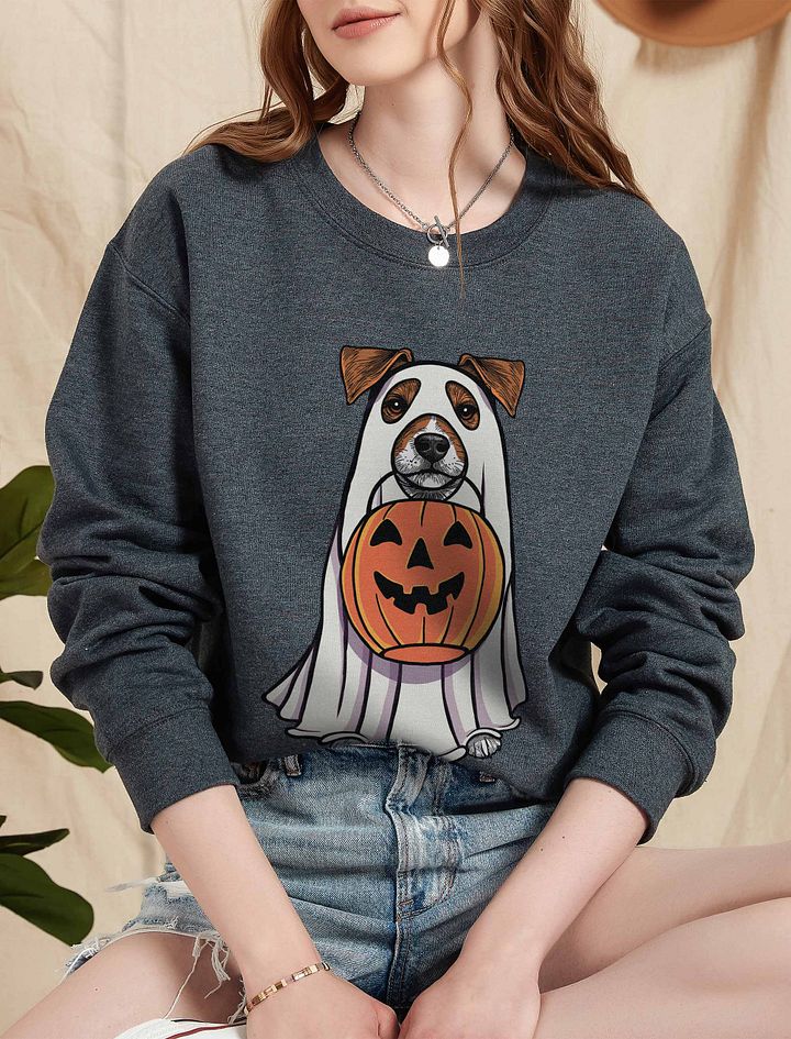 Funny Halloween Jack Russell Terrier Sweatshirt | Funny JRT Wearing a Ghost Costume and Holding a Pumpkin Basket product image (1)