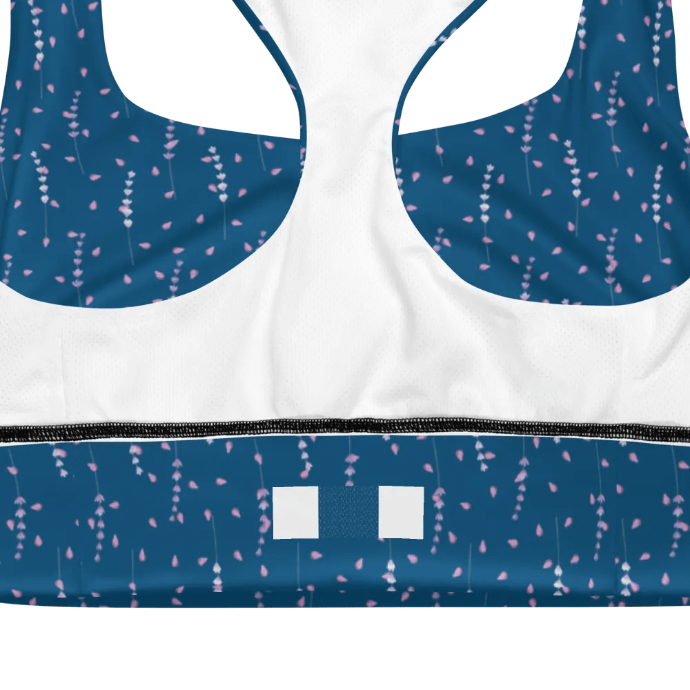 longline sports bra in teal with fine lavender print. product image (10)
