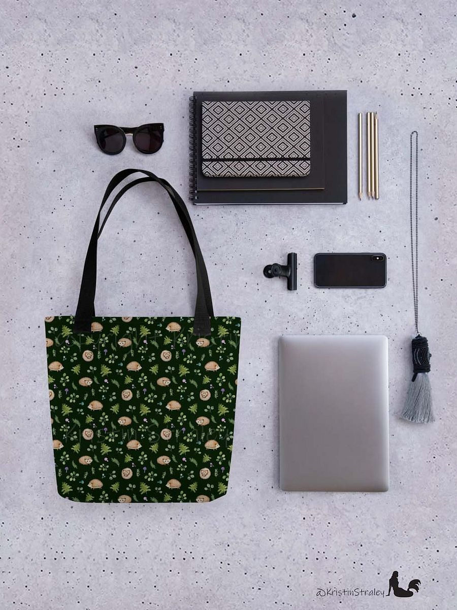 Hedgehogs with Ferns and Mushrooms on Dark Green Tote Bag product image (4)