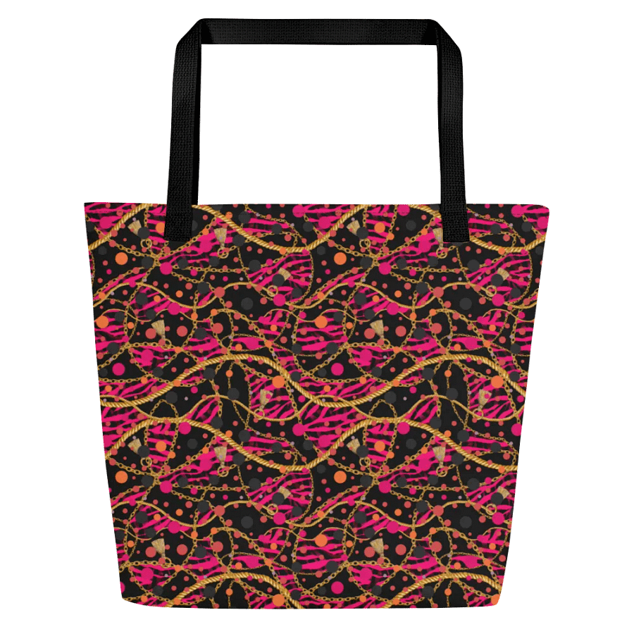 Big printed tote bag with pocket bright reds/pink  gold design product image (3)