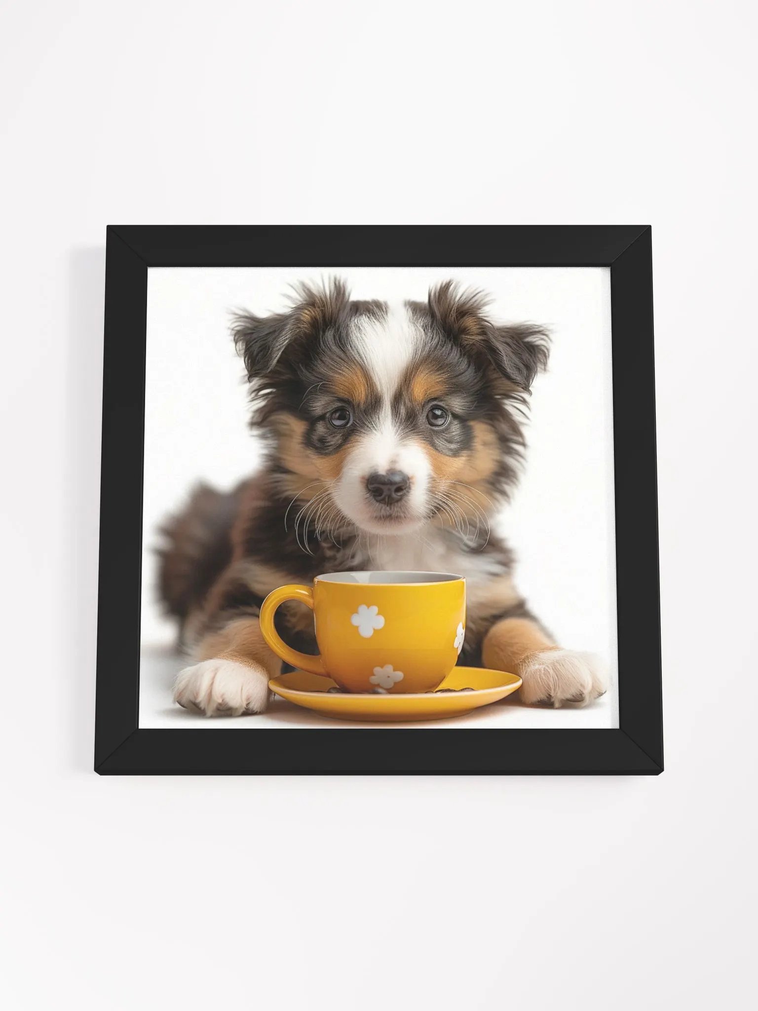 Cute Coffee Lover Austrailian Shepard Puppy Framed Wall Art product image (1)