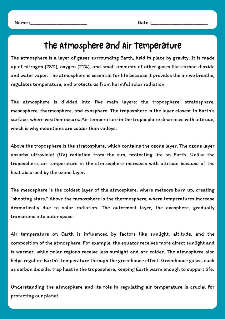 Atmosphere and Air Temperature Reading Comprehension Passage with Questions product image (1)
