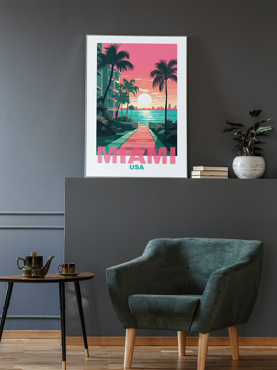 Tropical Sunset in Miami Art Print, Vibrant Beachside Palm Trees Poster, Retro Styled Miami USA Skyline, Coastal Wall Decor, Gift Idea product image (2)