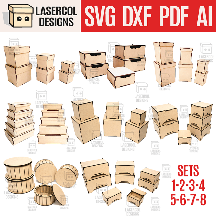 Boxes Bundle (Set 1-2-3-4-5-6-7-8) - Laser Cut Files product image (1)