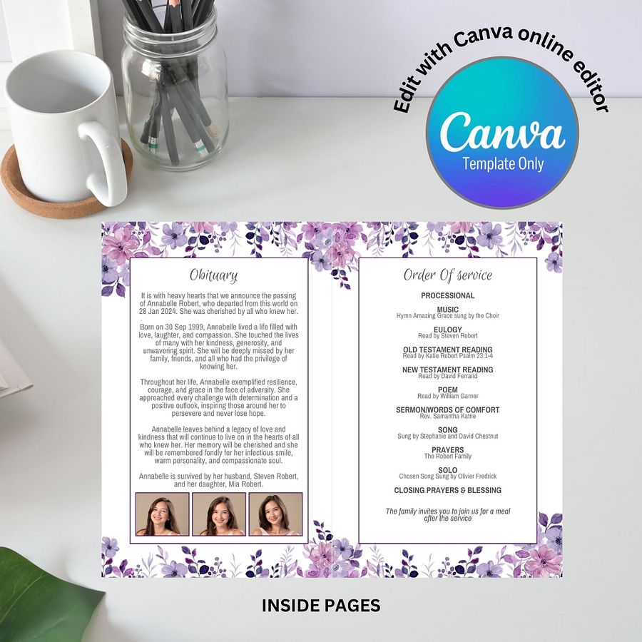 Purple Flowers Funeral Program Canva Template product image (5)