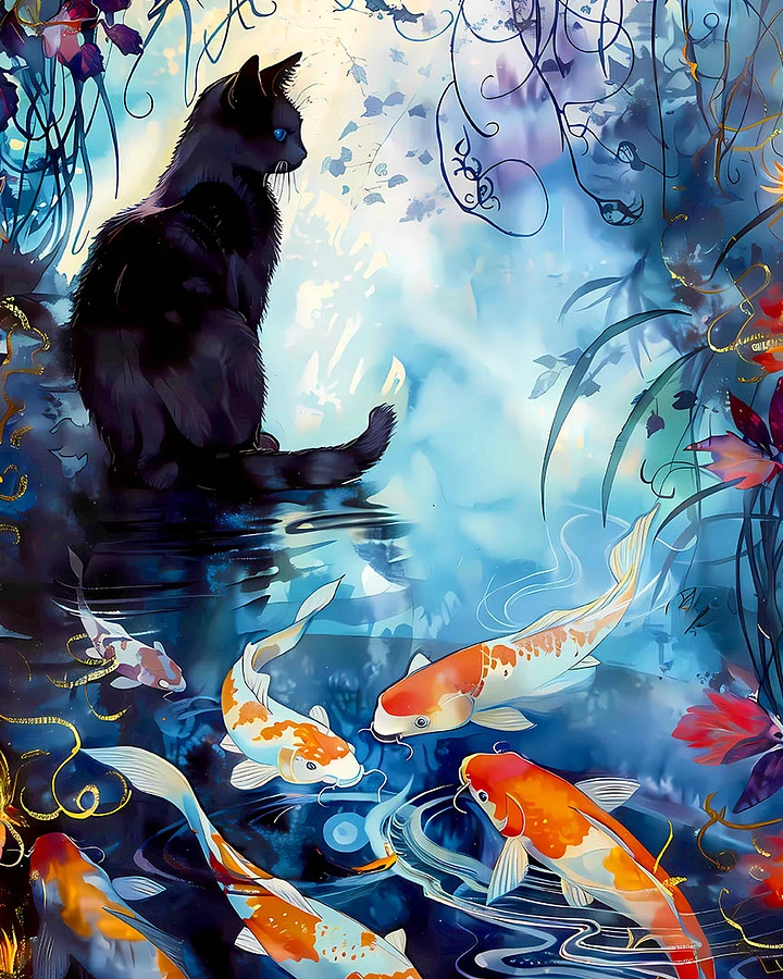 Tranquil Whiskers and Koi Dance: A Black Cat's Waterside Reverie Matte Poster product image (1)