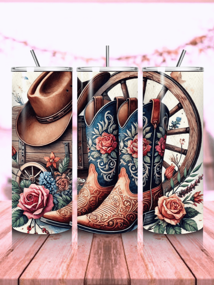 Rustic Valentine Western Cowboy Boots Tumbler Wrap – 20oz Floral Sublimation Design – Heart & Country Style PNG – 300 DPI Digital Download product image (1)