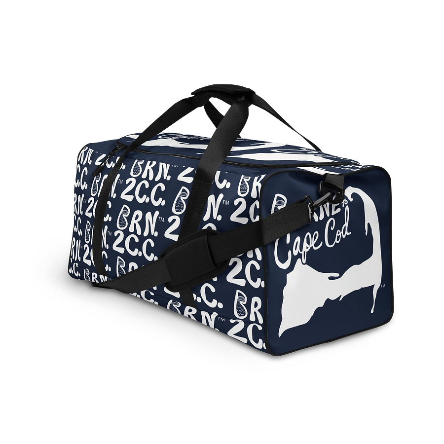 BOURNE to Cape Cod™ | Duffle Bag | BRN.2C.C.™ | Coastal Gym & Travel Gear | 22" All-Over Print Weekender | White Logos on Navy Blue product image (3)