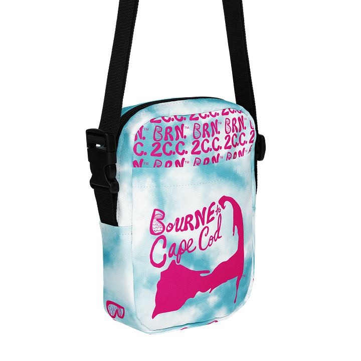 BOURNE to Cape Cod™ | Crossbody Bag | BRN.2C.C.™ | Utility On-the-Go | Coastal Cool Meets Everyday Carry | Pink Logos on Blue Tie-Dye🌊🎒 product image (1)