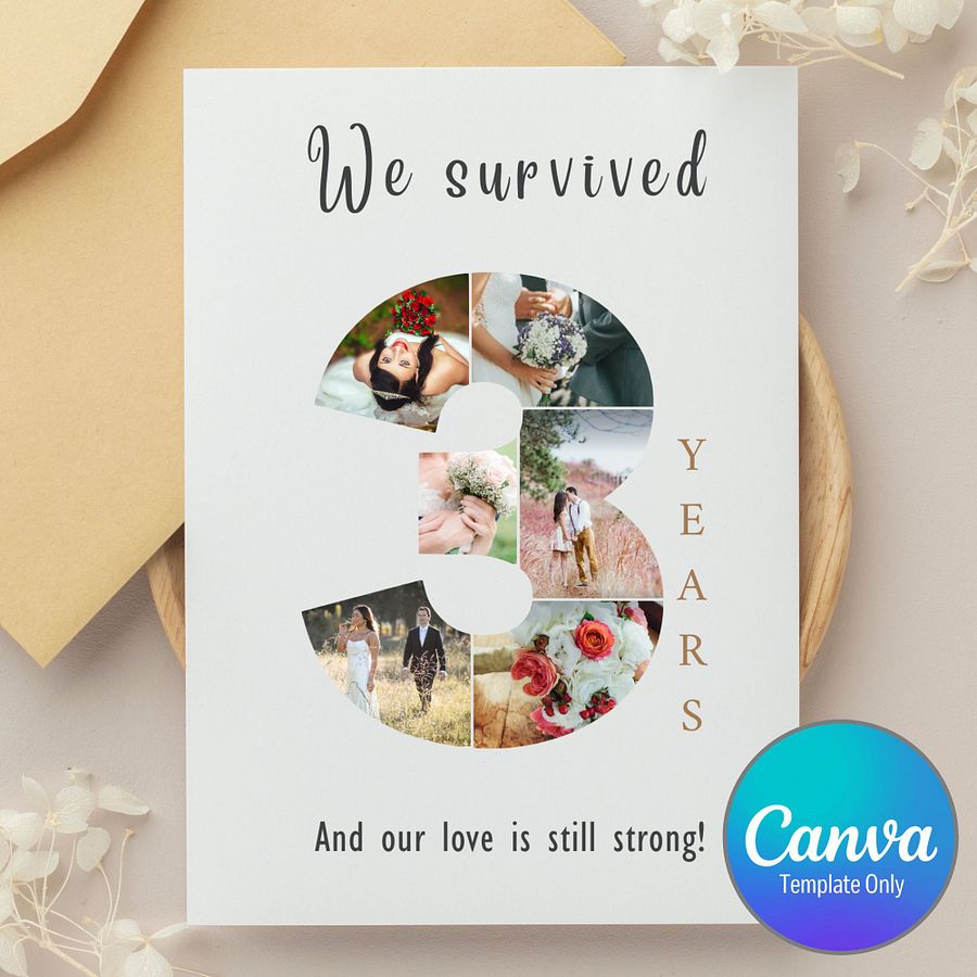 3 Year Anniversary Photo Card Editable Canva Template product image (1)
