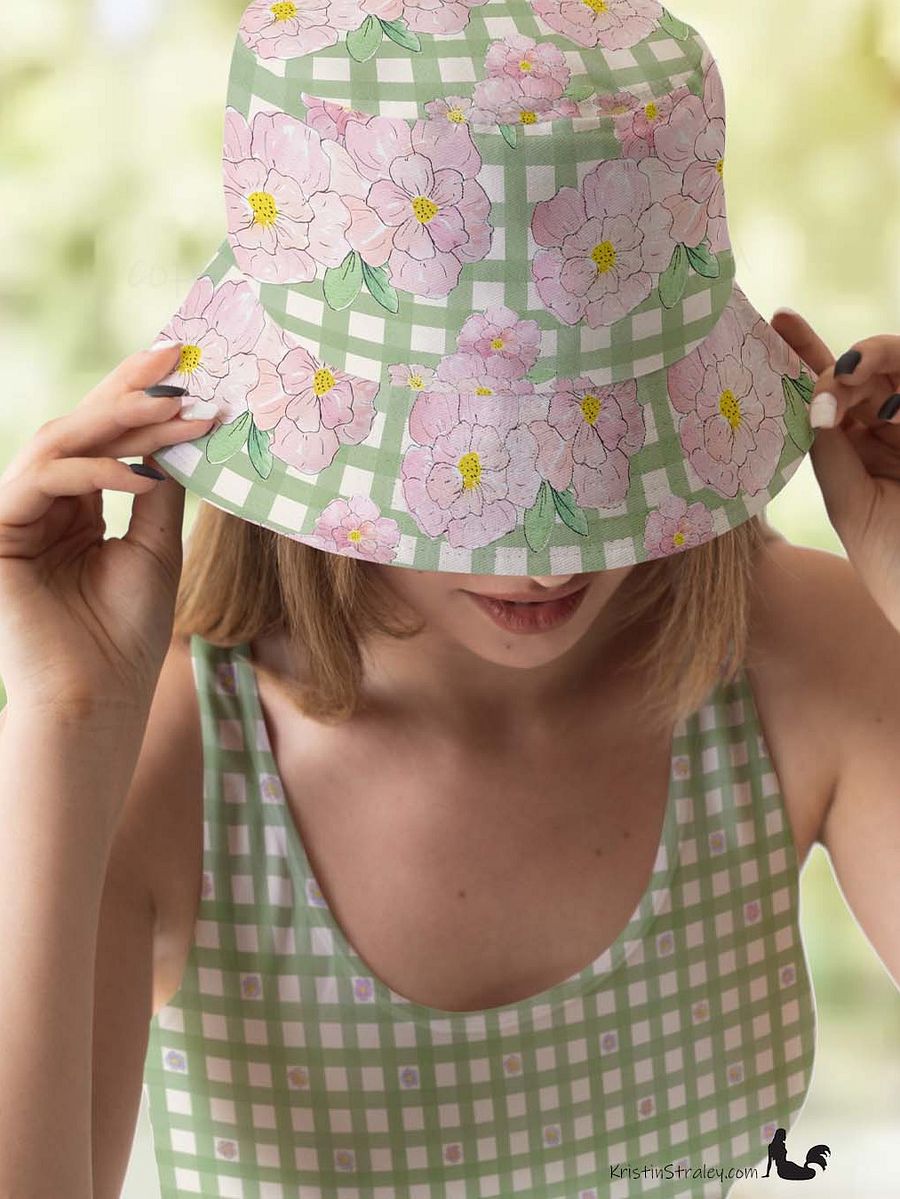 Pink Flowers on Gingham and Green Reversible Bucket Hat product image (3)