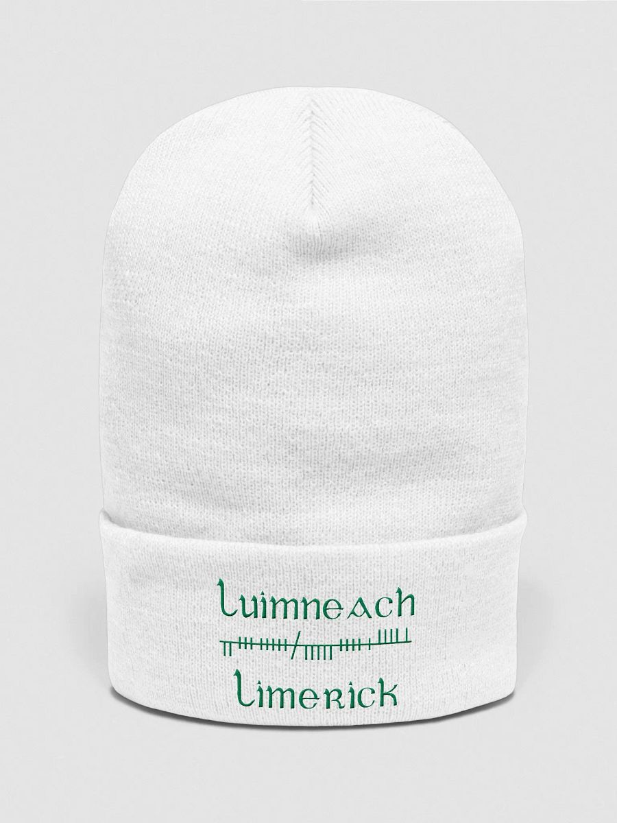 Limerick/Luimneach Orthodox Style Ogham, white with green, embroidered Cuffed Beanie product image (1)