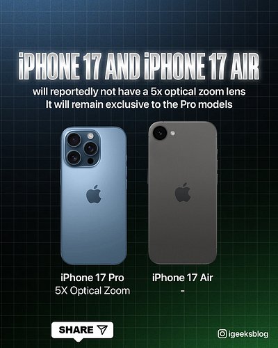 iPhone 17 and iPhone 17 Air will reportedly not have a 5x optical zoom lens

It will remain exclusive to the Pro models
.
.
#...