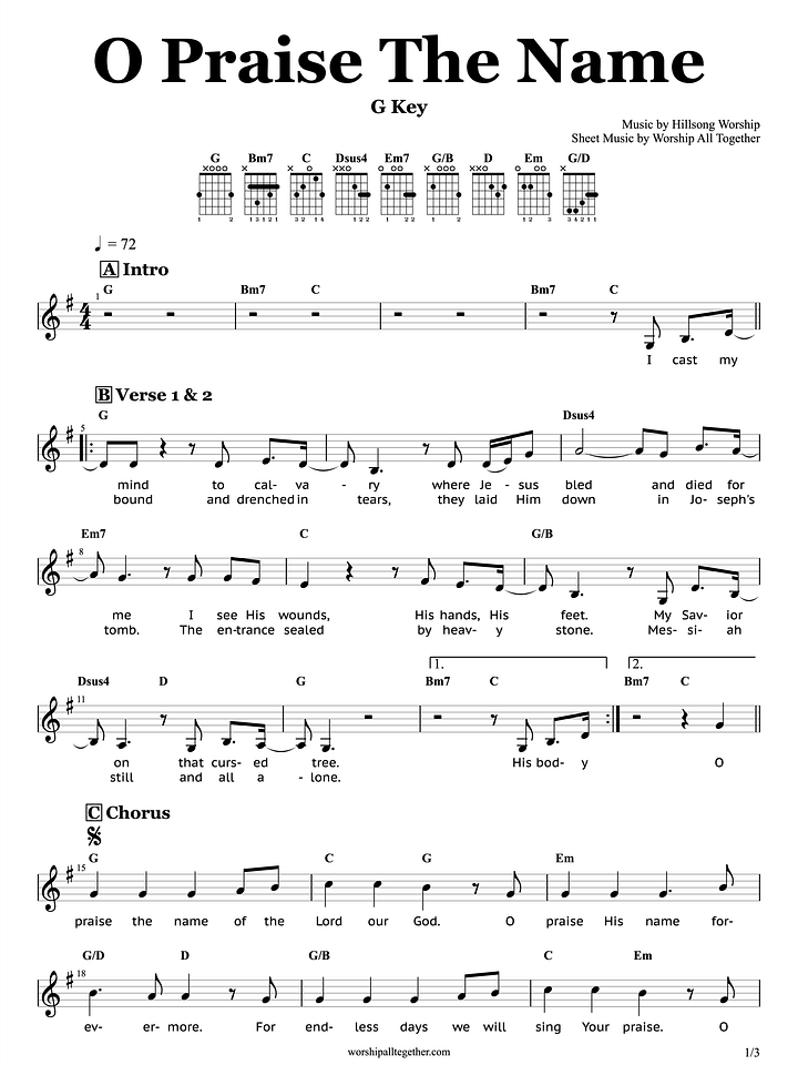 O Praise The Name (G Key) - Hillsong Worship | Sheet Music, Chord, Lyrics product image (1)