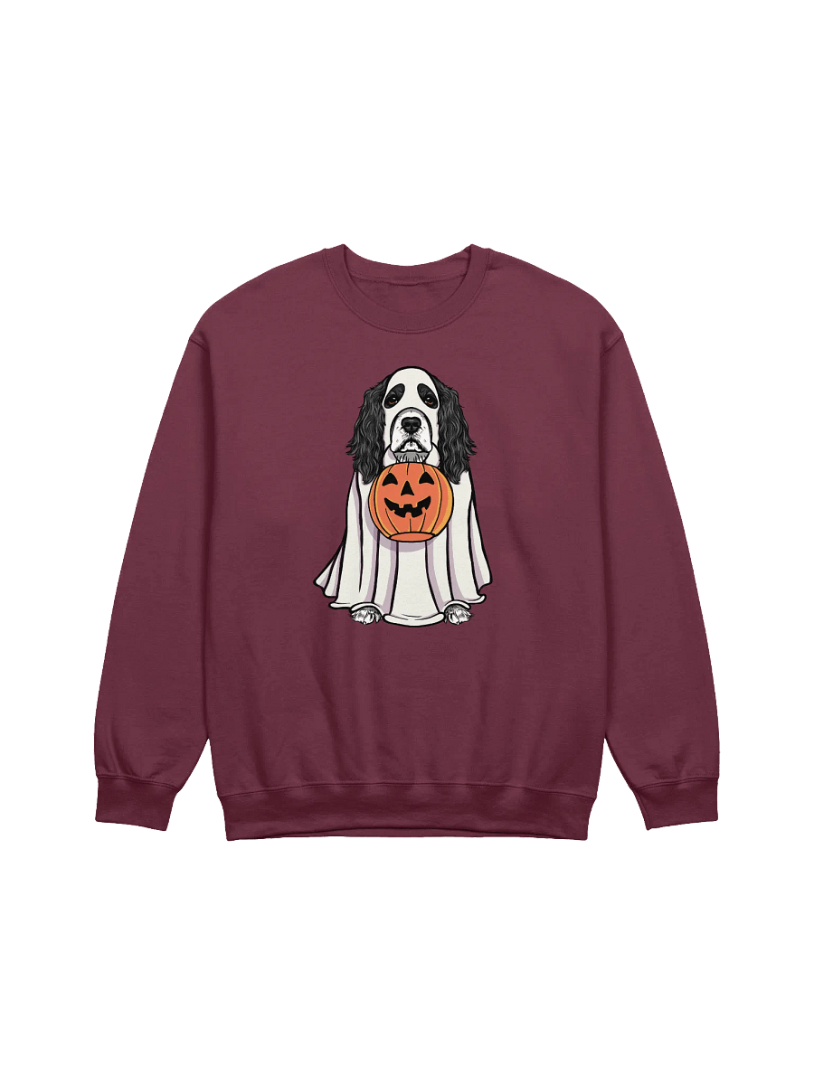 Funny Halloween Cocker Spaniel(Black & White) Sweatshirt | Funny Cocker Spaniel Wearing a Ghost Costume and Holding a Pumpkin Basket product image (8)