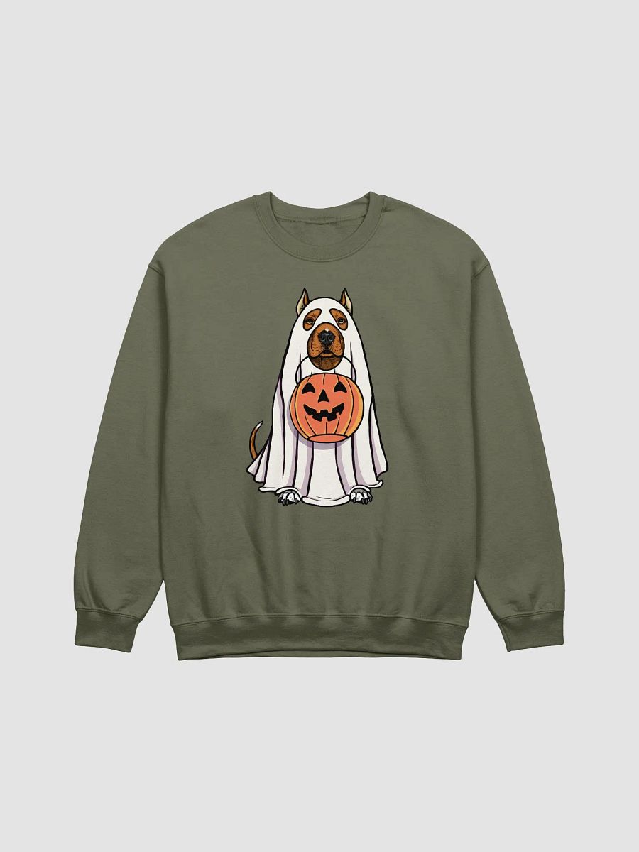 Funny Halloween Pitbull Terrier(Cropped Ears, Red) Sweatshirt | Funny Pittie Wearing a Ghost Costume and Holding a Pumpkin Basket product image (17)