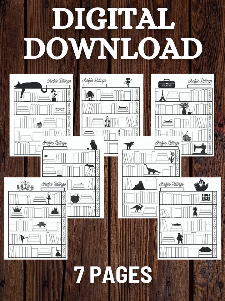 Shelfie Ratings Book Tracker, Black and White Printable Bookcase Journal Log with 7 Themes product image (1)