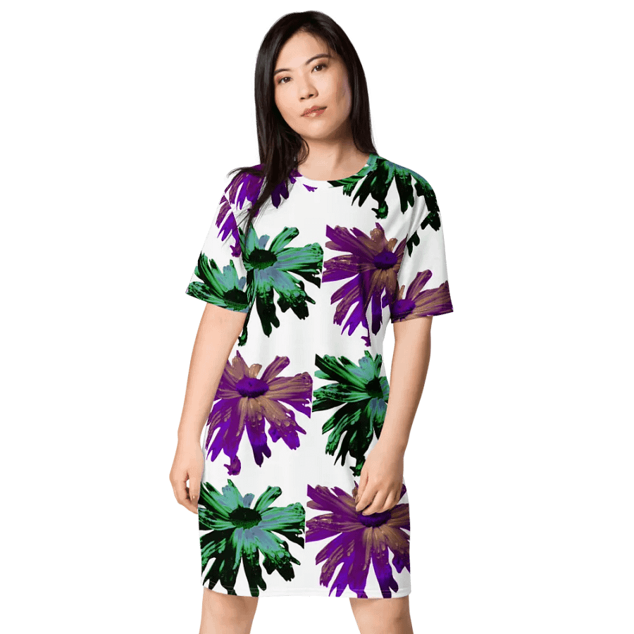 Abstract Green and Hibiscus Daises Ladies T Shirt Dress product image (3)