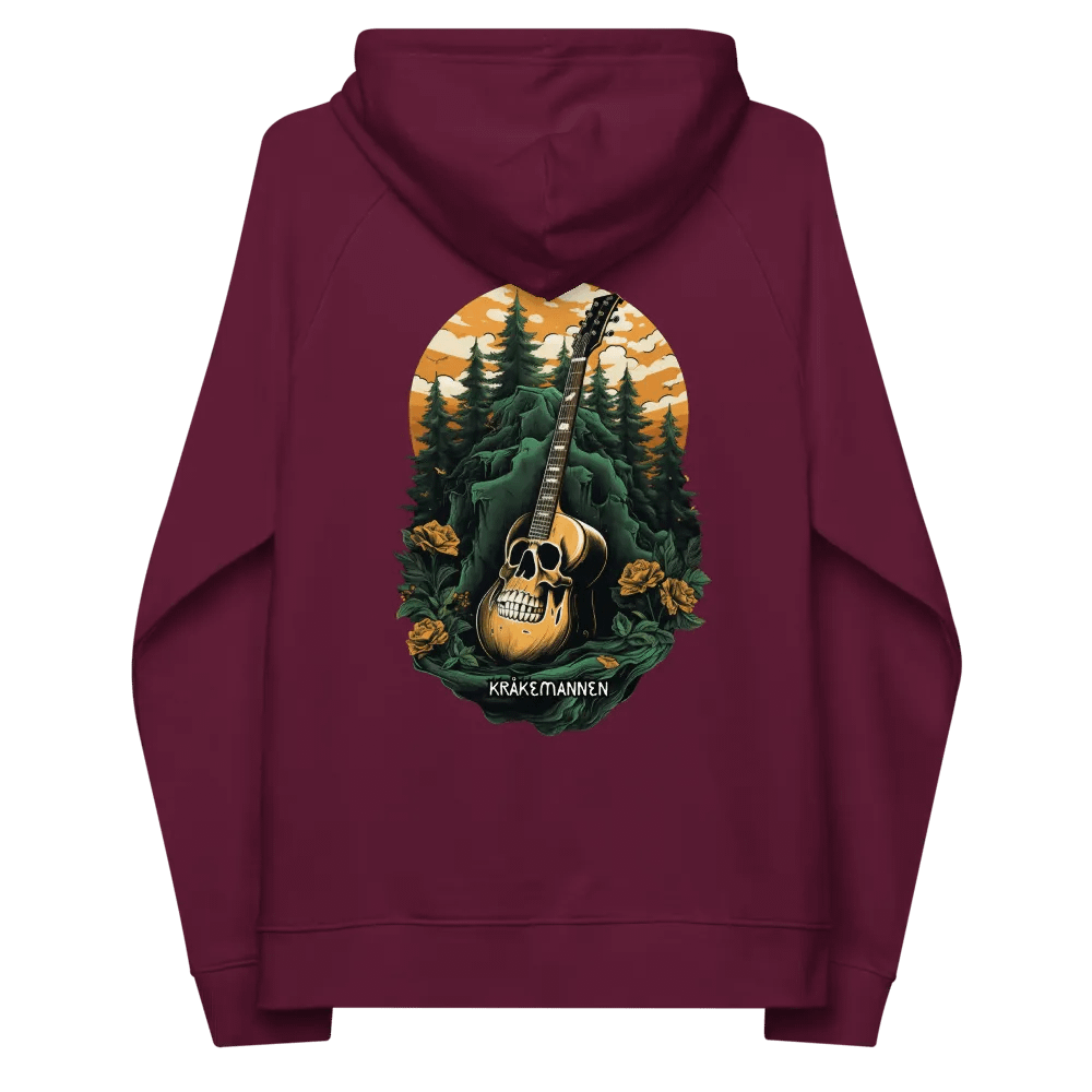 Unisex Eco Raglan Hoodie 🌲 Dark green spruce forest with a skull-shaped guitar product image (4)