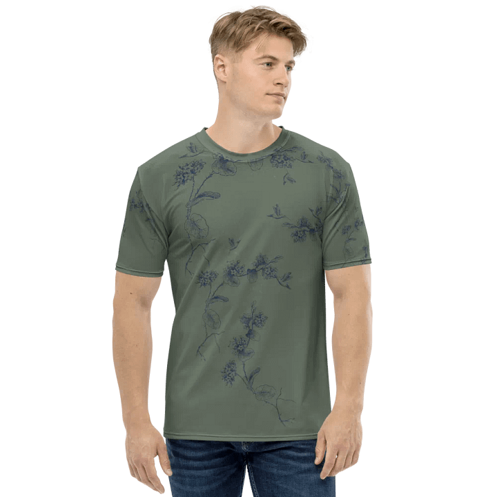 olive green all  over printed unisex T shirt with humming bird design. Outdoors vibe ideal for the person who enjoys birding. product image (2)