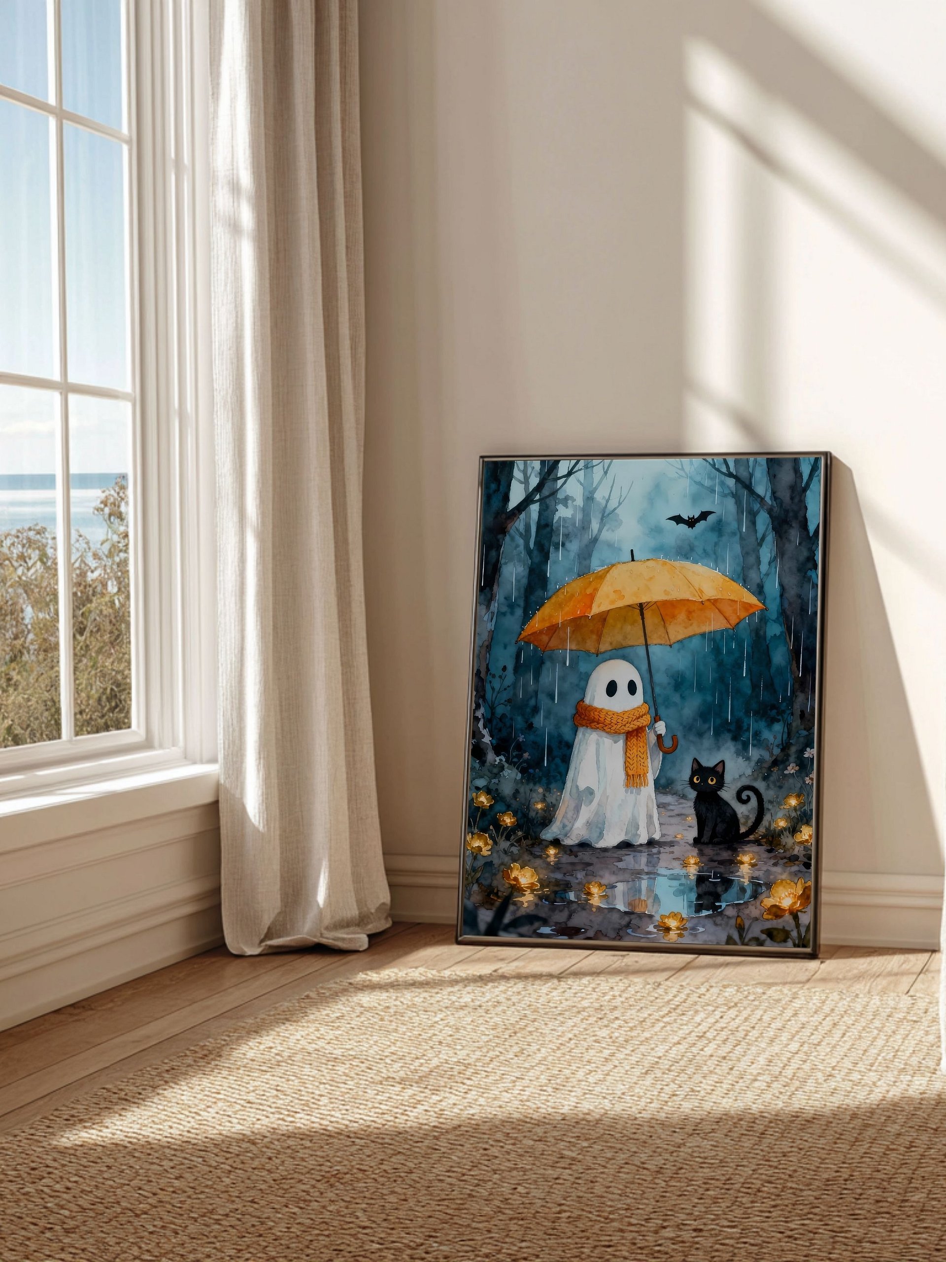 Watercolor Ghost & Black Cat Wall Art | Rainy Forest Umbrella Illustration | Printable Digital Art in Multiple Sizes product image (6)