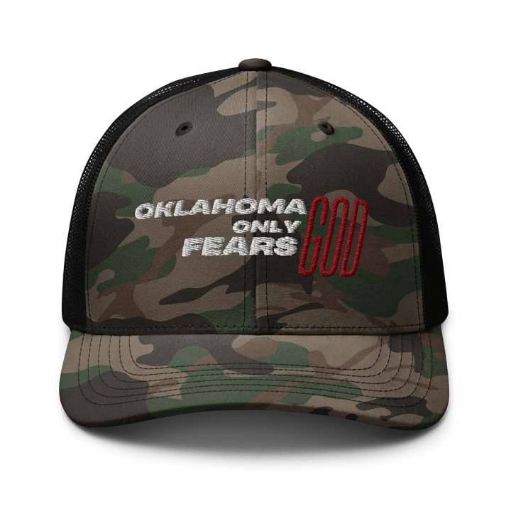 'OKLAHOMA ONLY FEARS GOD' Camo snapback trucker product image (1)