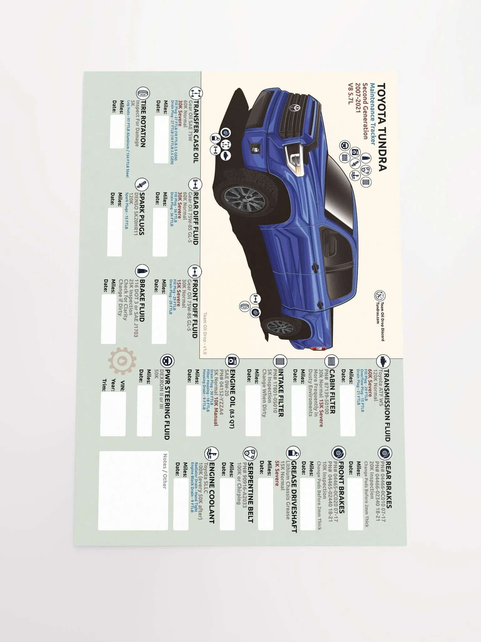 2nd Gen Tundra Maintenance Tracker - Blue product image (2)
