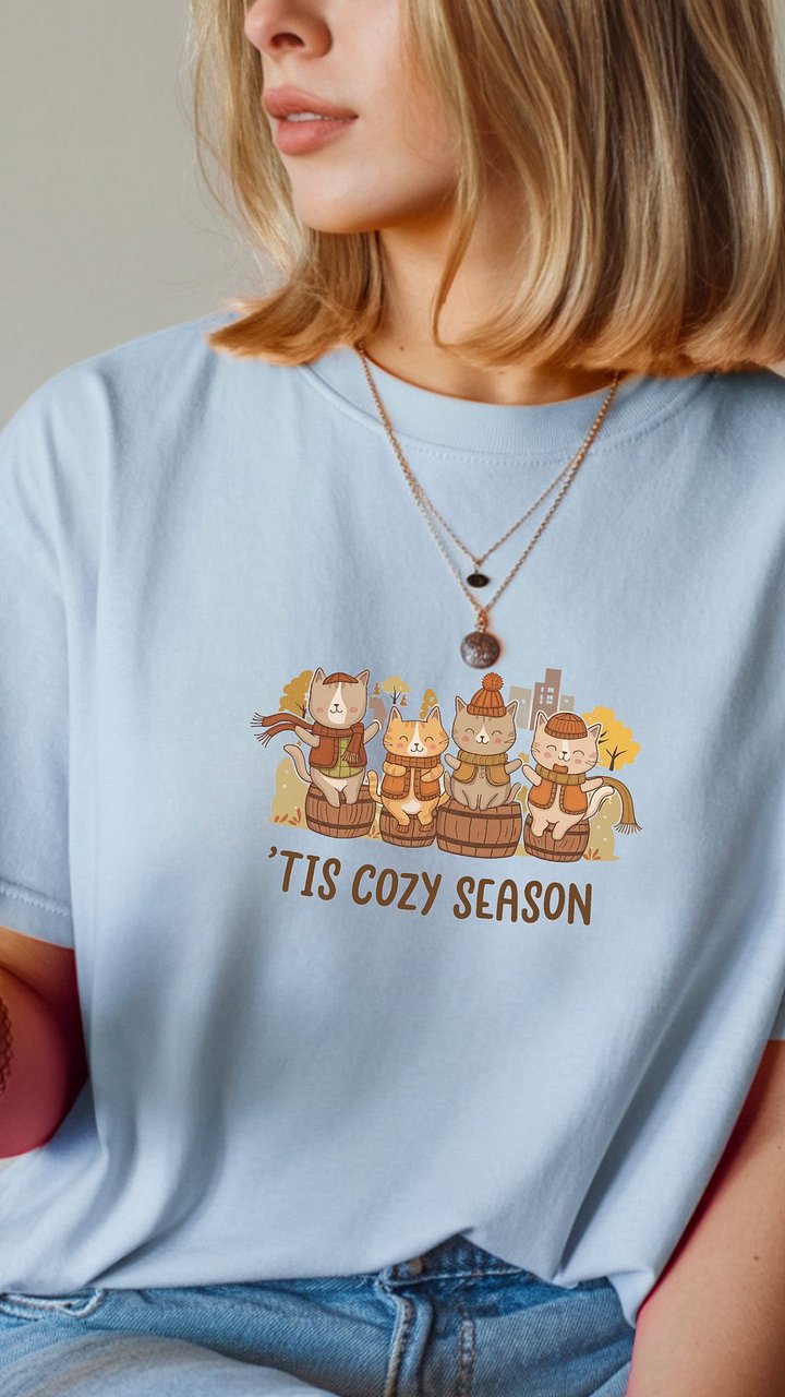 Cozy Season Cats T-Shirt | Cozy Cat Shirt | Fall Cat Graphic Tee | 'Tis Cozy Season Tee | Autumn Cat Shirt product image (1)