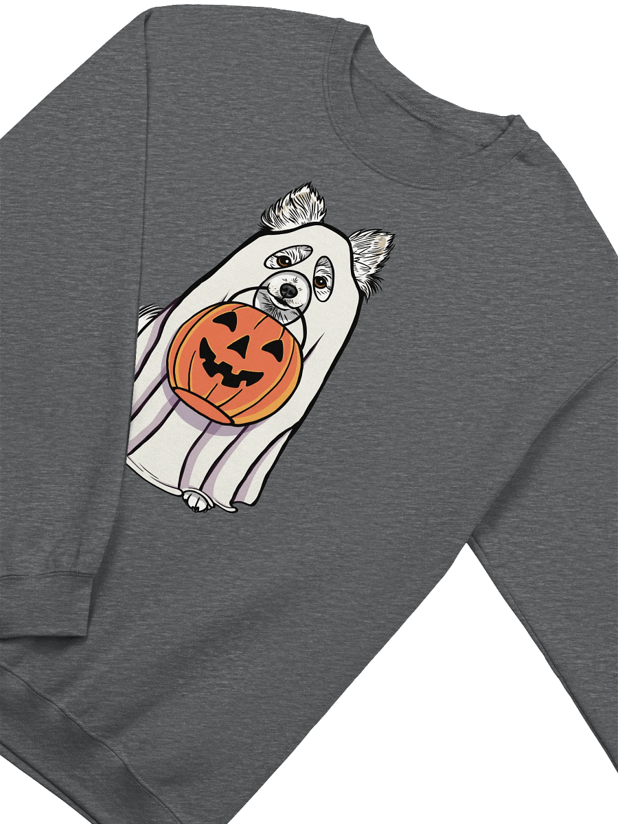 Funny Halloween Pomeranian(White) Sweatshirt | Funny Pomeranian Wearing a Ghost Costume and Holding a Pumpkin Basket product image (8)