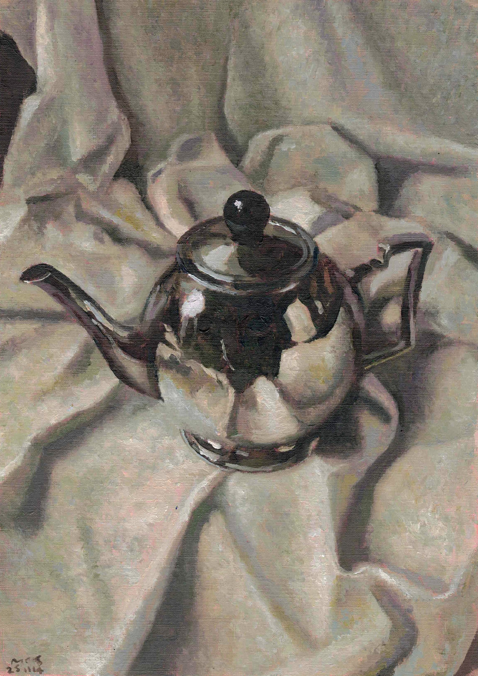 251114 Silver Art Deco Teapot on Linen Original Study Artwork. product image (1)