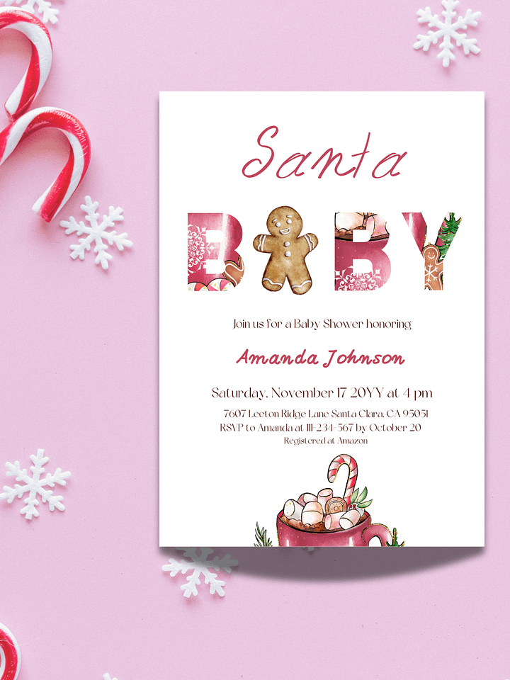 Santa Baby Shower Invitation for Christmas Gingerbread Man Themed Party, Digital Download Winter Invite Canva Template product image (1)
