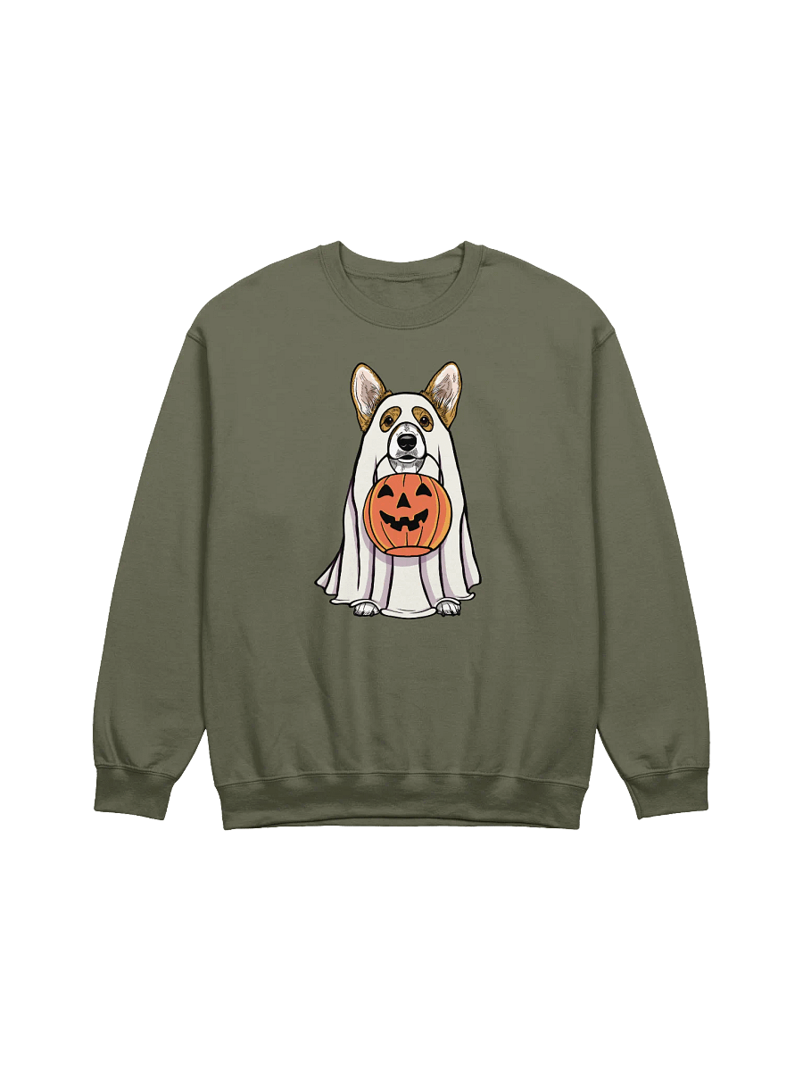 Funny Halloween Pembroke Welsh Corgi Sweatshirt | Funny Corgi Wearing a Ghost Costume and Holding a Pumpkin Basket product image (17)