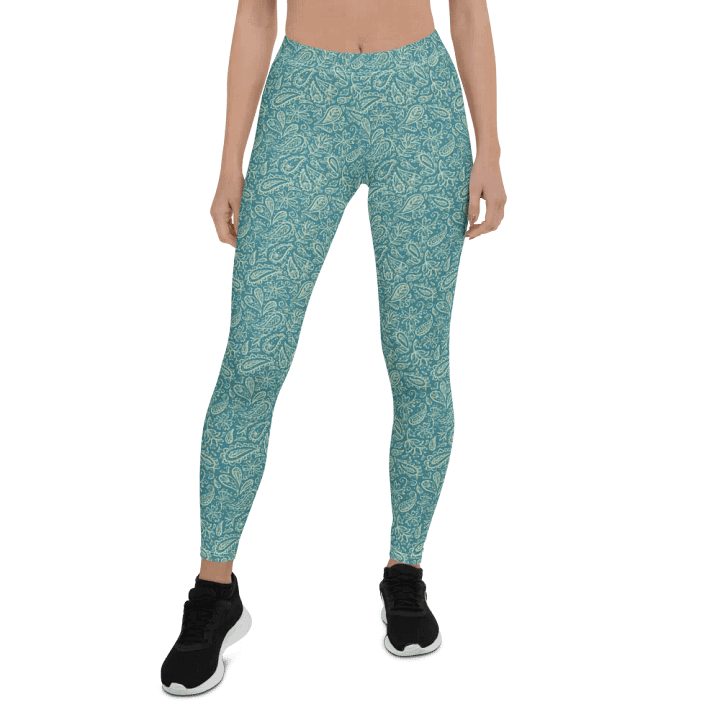 comfortable leggings in soft light teal   with white paisley  design for those that  like paisley pattern elements. product image (1)