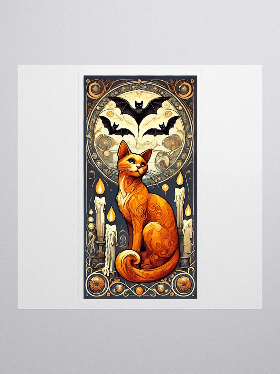 Art Nouveau Orange Cat and Bats Vinyl Sticker – Enchanting Night Decor product image (1)