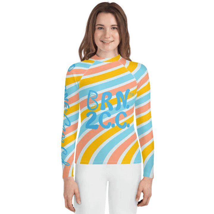 Girls' | YOUTH | Rash Guard | BRN.2C.C.™ Front Graphic | BOURNE to Cape Cod™ Sleeve & Back Logo | Coastal Swim Shirt for Kids | UV Protection Activewear | Blue Logo on Bright Stripes product image (1)