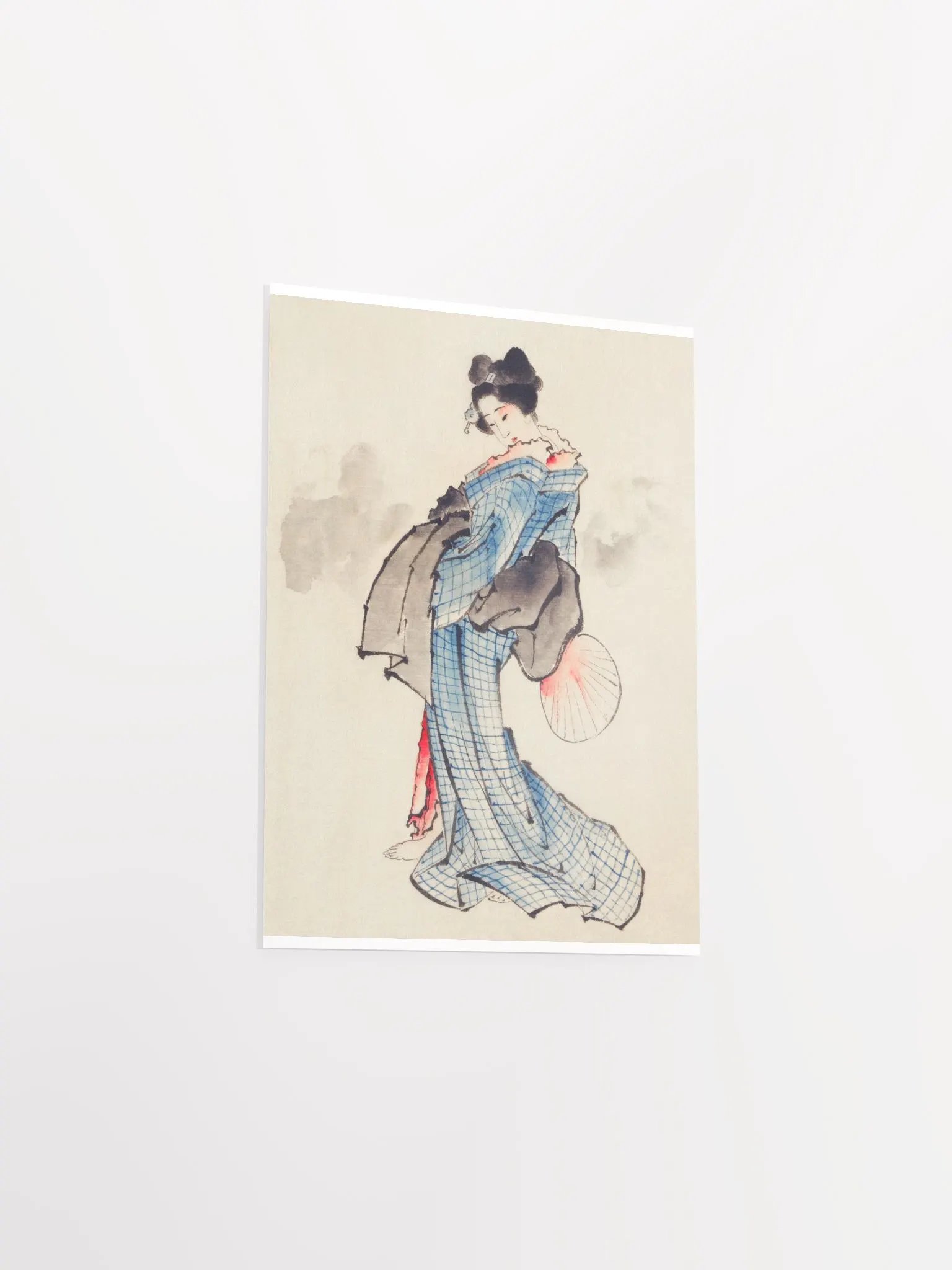 Woman, Full-Length Portrait, Standing, Facing Left, Holding Fan in Right Hand, Wearing Kimono with Check Design by Katsushika Hokusai product image (3)