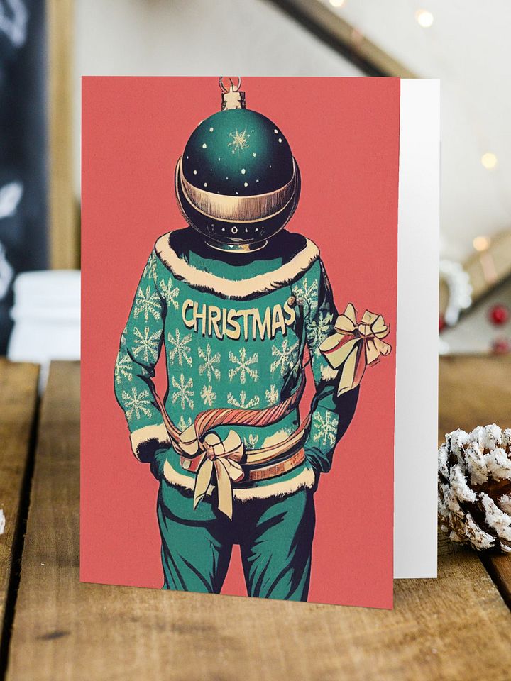 Retro Bauble Spaceman Ugly Sweater Kitsch Christmas Cards Pack of 10 • 5×7 product image (1)