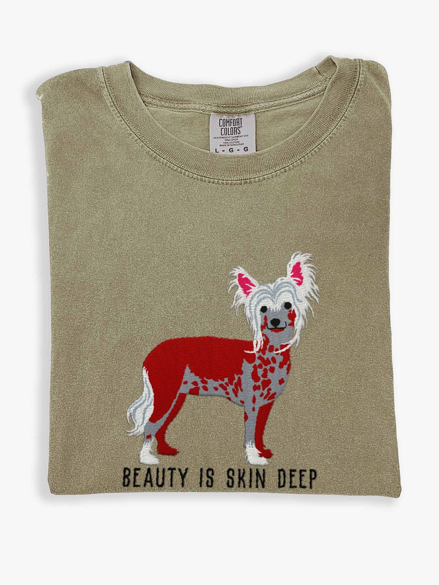 Beauty Is Skin Deep T-Shirt(Embroidered) of a Chinese Crested Dog(Red) product image (1)