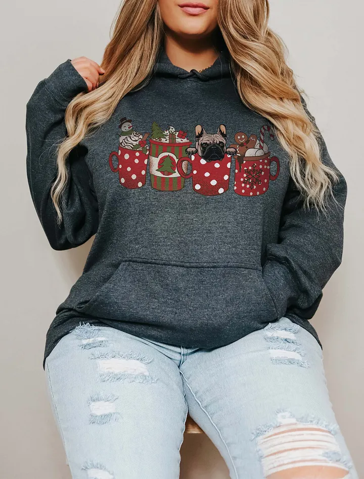 Cute French Bulldog(Fawn) in a Christmas Cup Hooded Sweatshirt | Funny Christmas Frenchie Pup in a Cup product image (1)