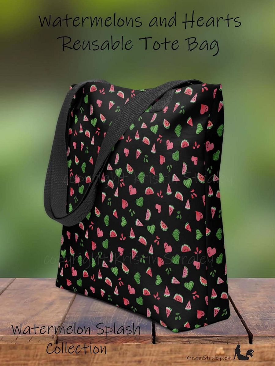 Tossed Watermelons and Hearts on Black Reusable Tote Bag product image (1)