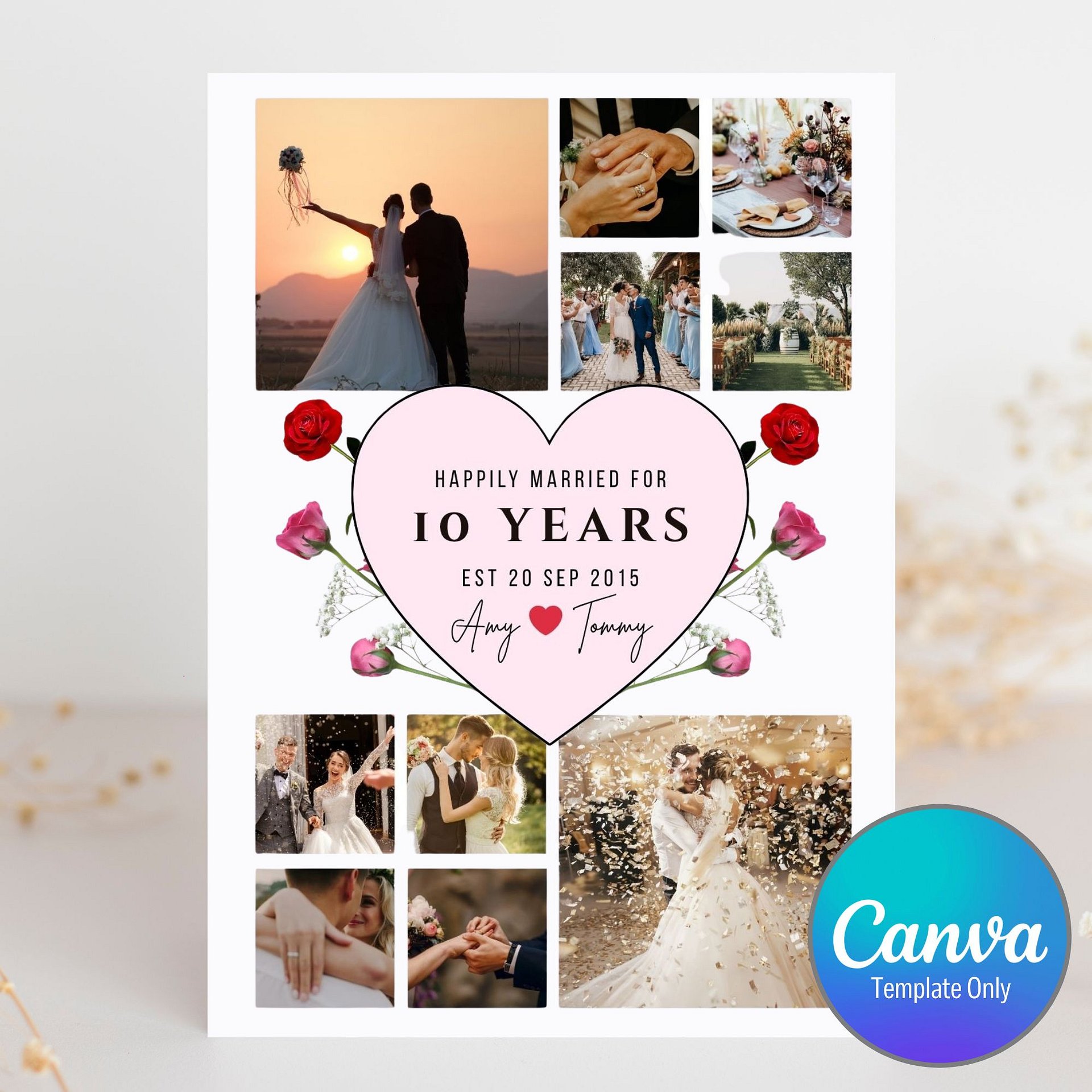 Pink Heart With Roses Anniversary Photo Card Template product image (1)